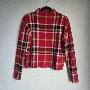 Tahari Plaid Double Knit Funnel Neck Lettuce Hem Cozy Soft Sweater M